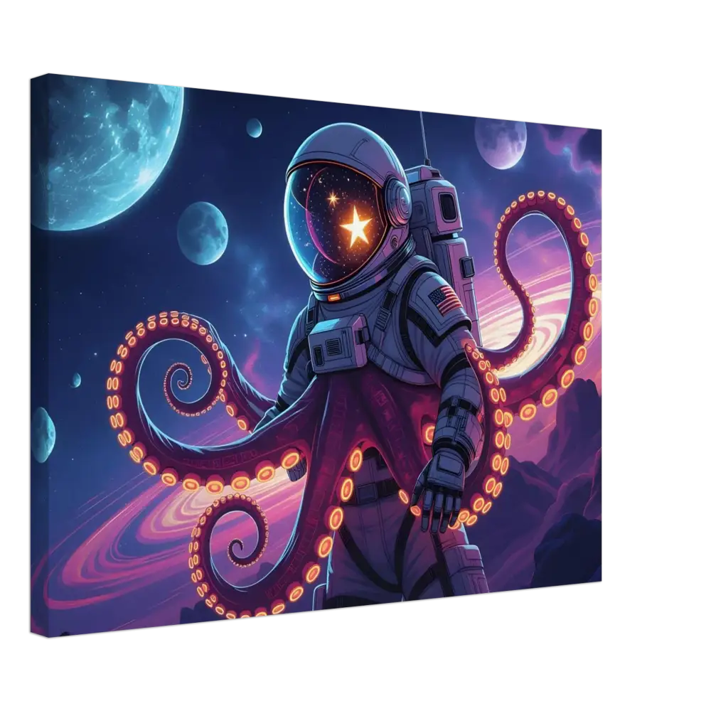 Astronaut octopus canvas art displayed on PixiOnyx Galactic Surreal Wrap product