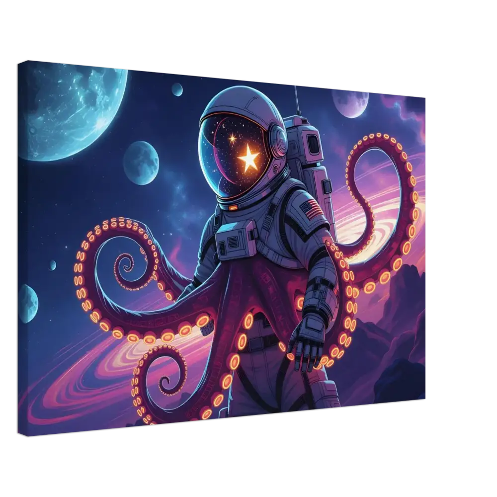 Astronaut octopus canvas art displayed on PixiOnyx Galactic Surreal Wrap product