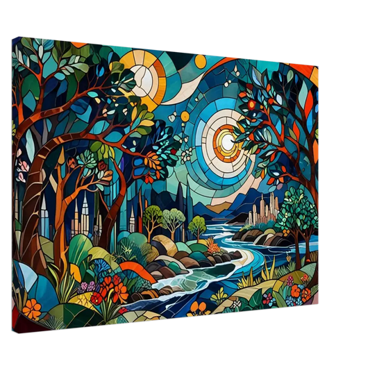 Stained-glass landscape painting on Canvas – Stained Horizon by PixiOnyx Abstract Psychedelic Nature Lightflow Canvas Edition