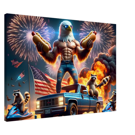 Patriotic eagle-human hybrid holding hotdogs on canvas titled Stars Stripes Flaming Hot Dogs