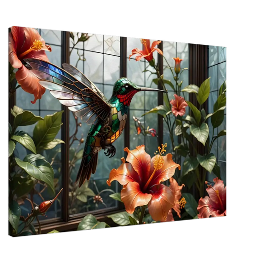 Stained glass hummingbird among hibiscus flowers in Canvas Steampunk Hummingbird Nature Art