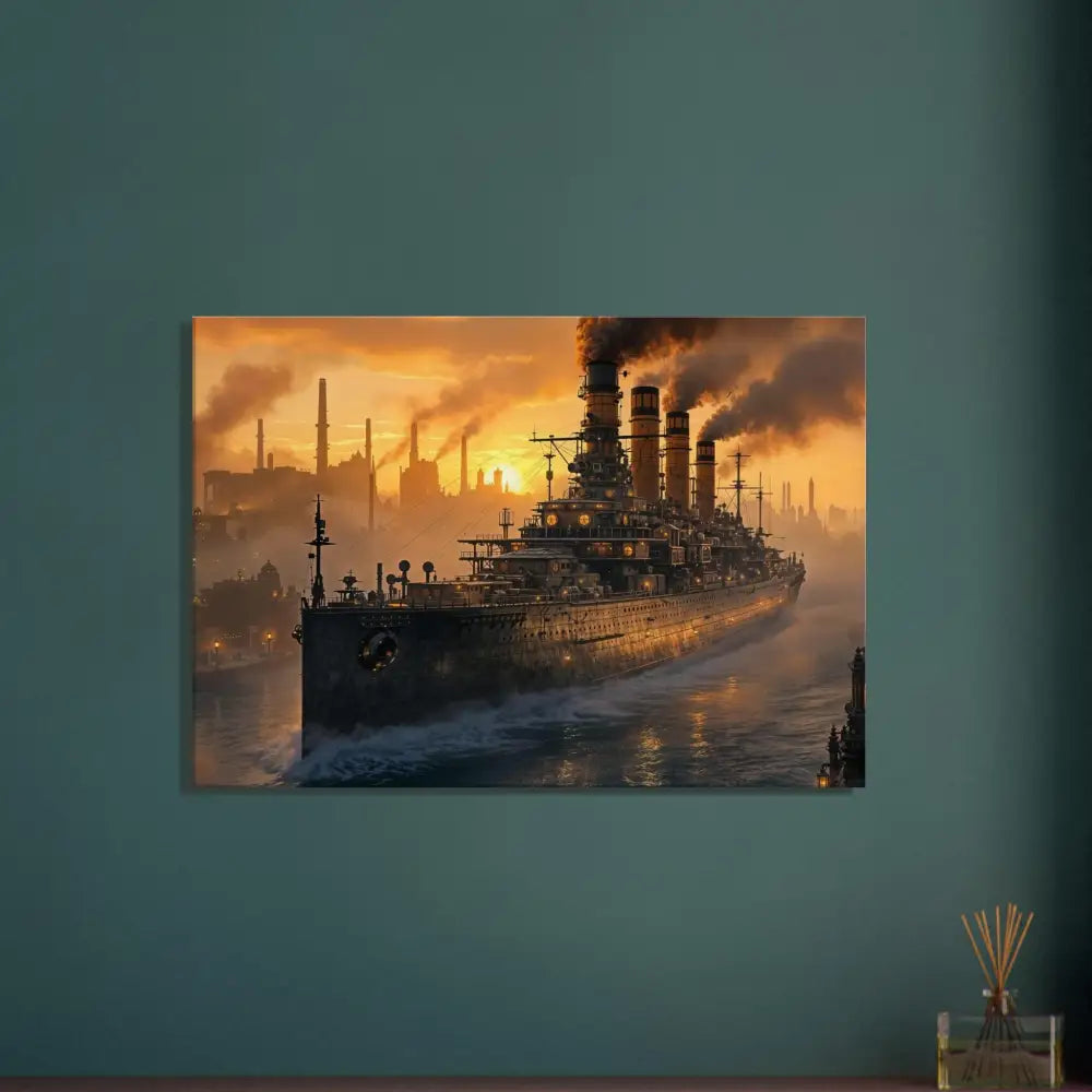 Canvas – Steel Leviathan at Dusk showing a battleship on pixionyx industrial dreamweave with steam wrapped texture