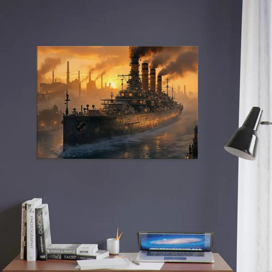Canvas – Steel Leviathan at Dusk showcasing PixiOnyx Industrial Dreamweave with a steam wrapped canvas texture