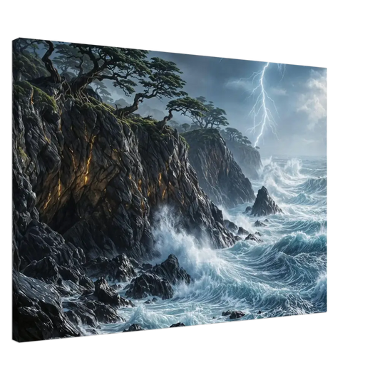 PixiOnyx Immersive Wallscape of stormy coastline with crashing waves and lightning showing enhanced texture and timeless beauty