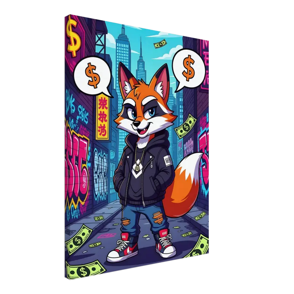 Cartoon fox in streetwear on PixiOnyx Alleyway Canvas titled Canvas – Street Hustle Fox