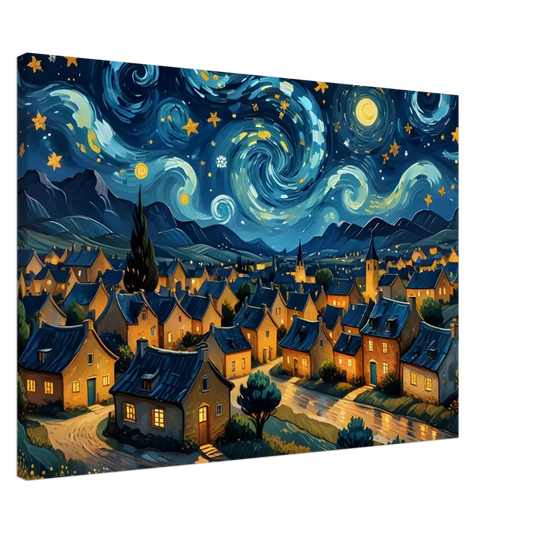 Whimsical village under a swirling starry night in PixiOnyx Dreamscape Canvas