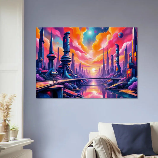 Futurism meets fantasy landscape with gleaming architecture reflects neon-lit river beneath sunset sky