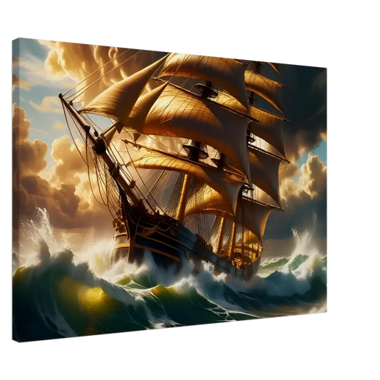 Golden-sailed ship navigating stormy seas on Canvas Tempestbound Sovereign PixiOnyx Marine Power Print