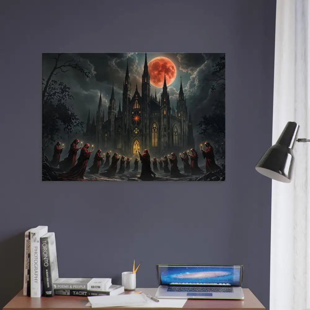 Gothic cathedral under blood moon with robed figures in PixiOnyx Canvas The Crimson Liturgy