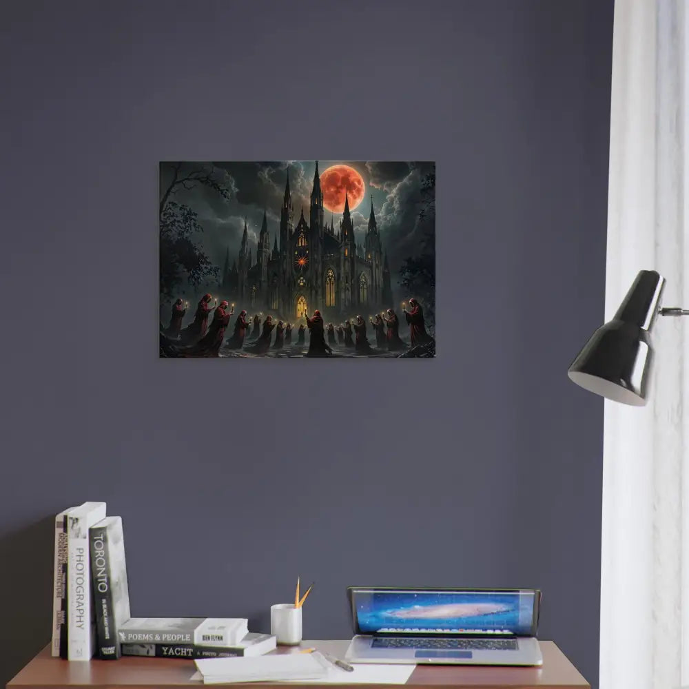 Gothic castle illuminated by a blood moon on Canvas The Crimson Liturgy PixiOnyx Ritual Dreamscape Edition
