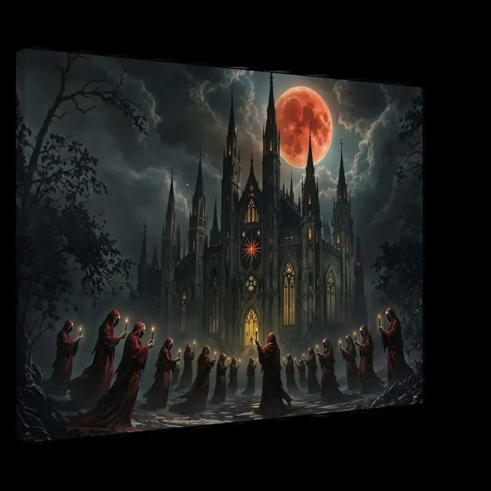 Gothic cathedral under blood moon with robed figures holding candles in Canvas – The Crimson Liturgy ritual dreamscape edition