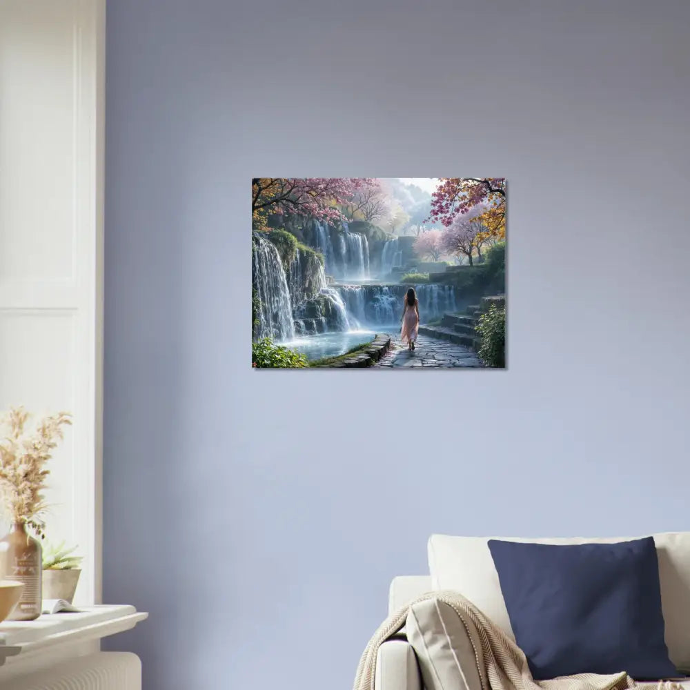 Waterfall landscape wall art on Canvas The Waterfall Orchard by PixiOnyx Serene Scene Print
