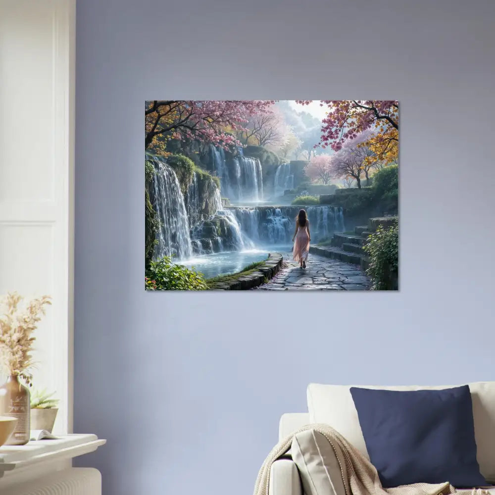 Waterfall landscape art print on Canvas – The Waterfall Orchard by PixiOnyx Serene Scene