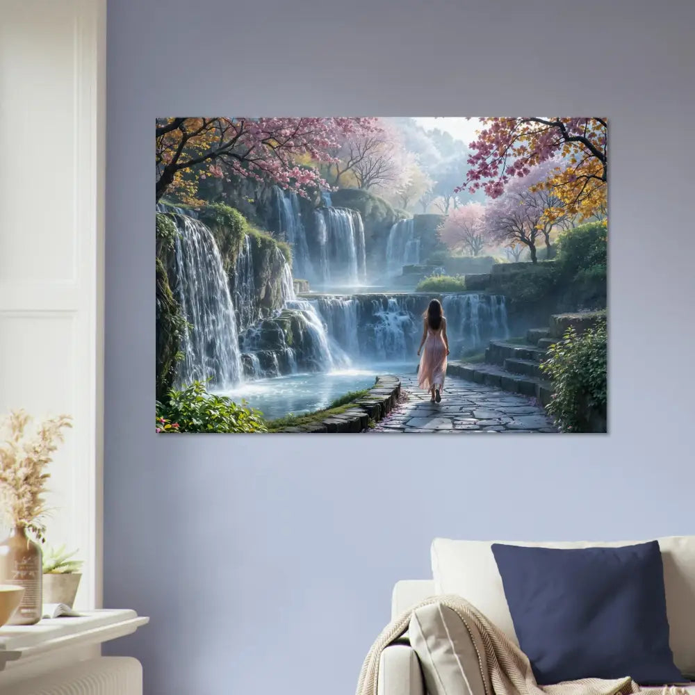 Serene waterfall landscape on Canvas – The Waterfall Orchard by PixiOnyx