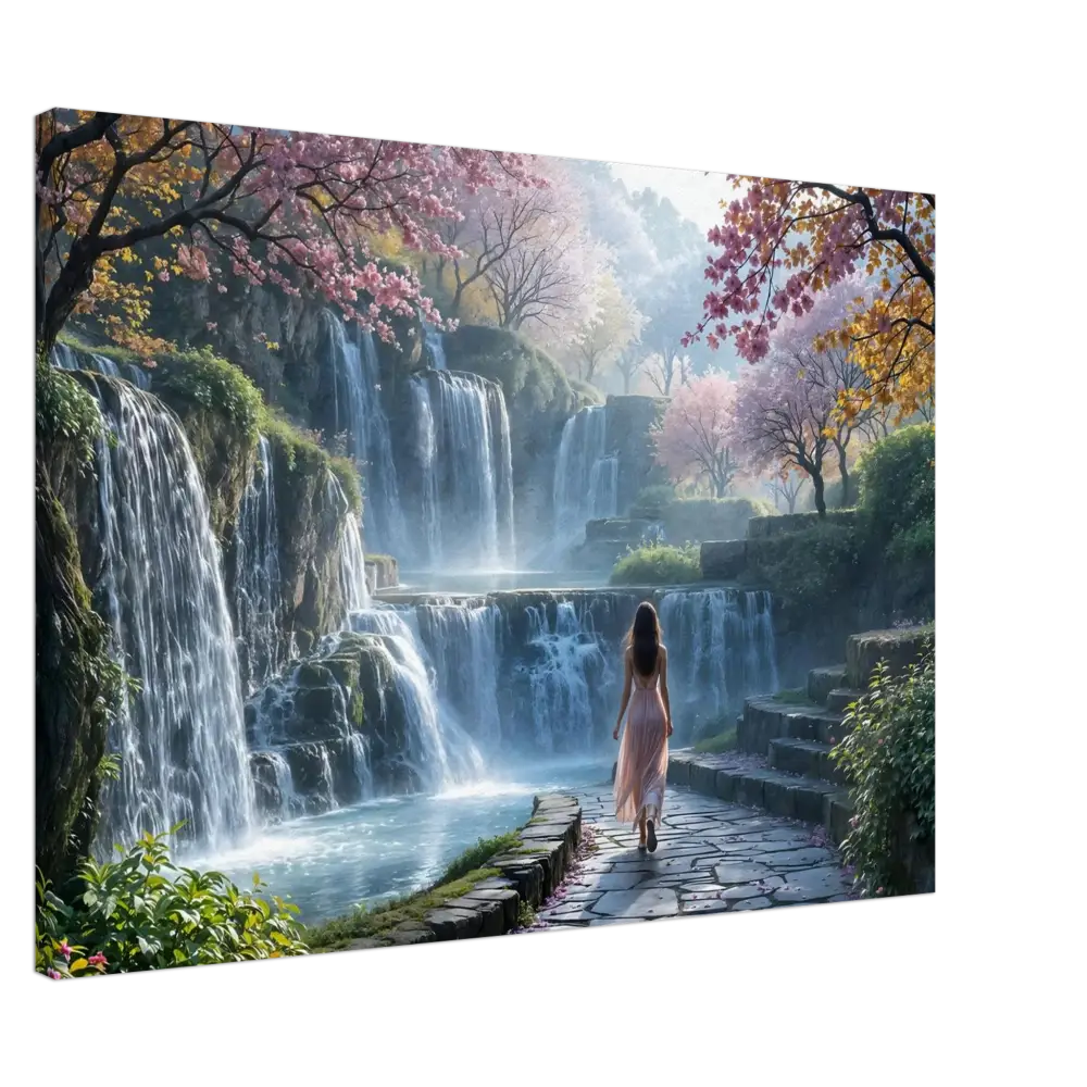 Scenic waterfall landscape with a woman in the Canvas The Waterfall Orchard PixiOnyx print