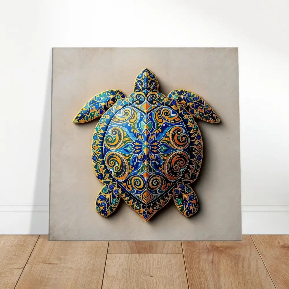 Colorful ornate turtle wall art displayed on Canvas Turtle Sigil Shell of Patterns PixiOnyx