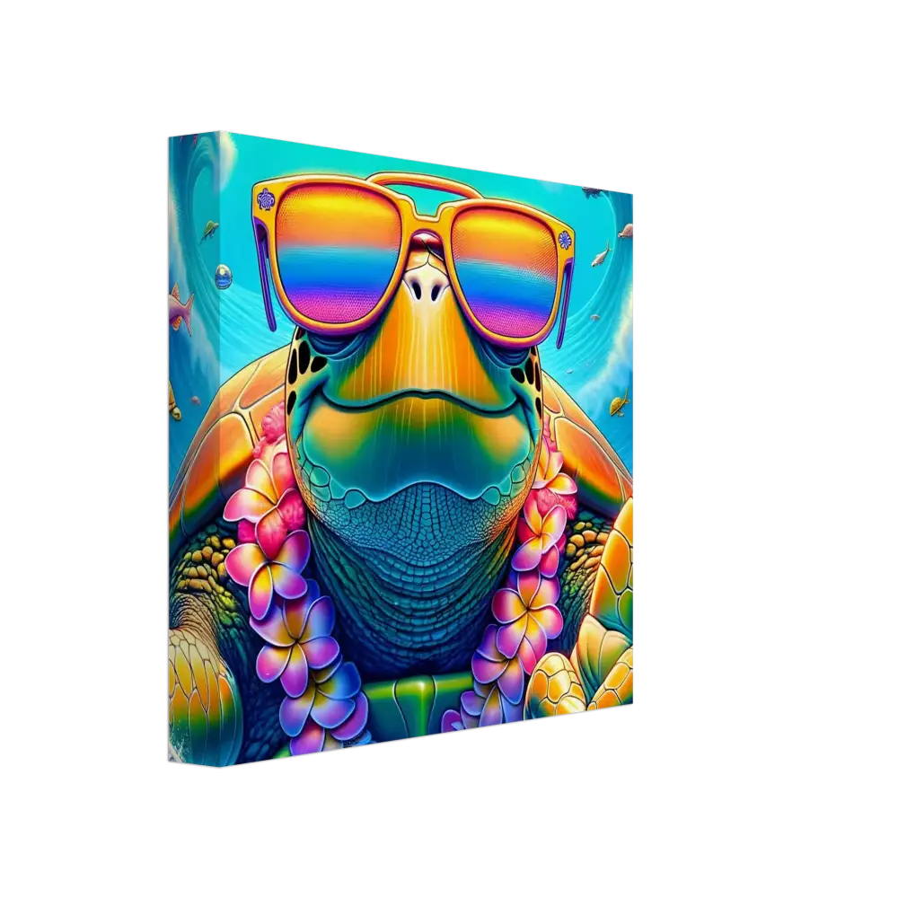 Colorful turtle wearing sunglasses and a lei on PixiOnyx Vibe Art Panel