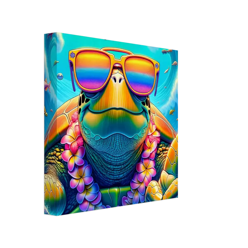 Colorful turtle wearing sunglasses and a lei on PixiOnyx Vibe Art Panel Canvas