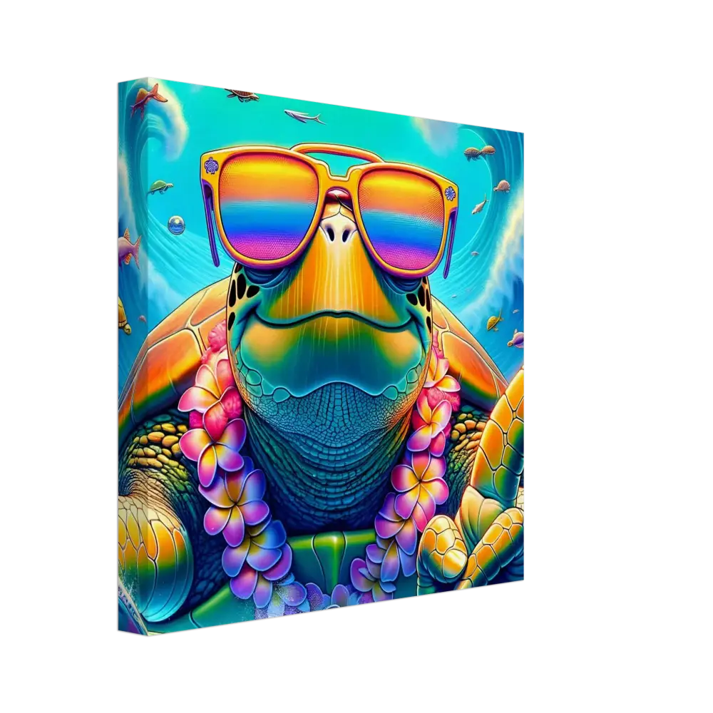 Colorful turtle wearing sunglasses and a lei on PixiOnyx Vibe Art Panel