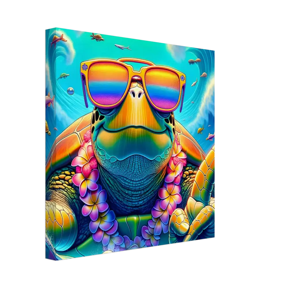 Colorful turtle wearing sunglasses and a lei on PixiOnyx Vibe Art Panel Canvas