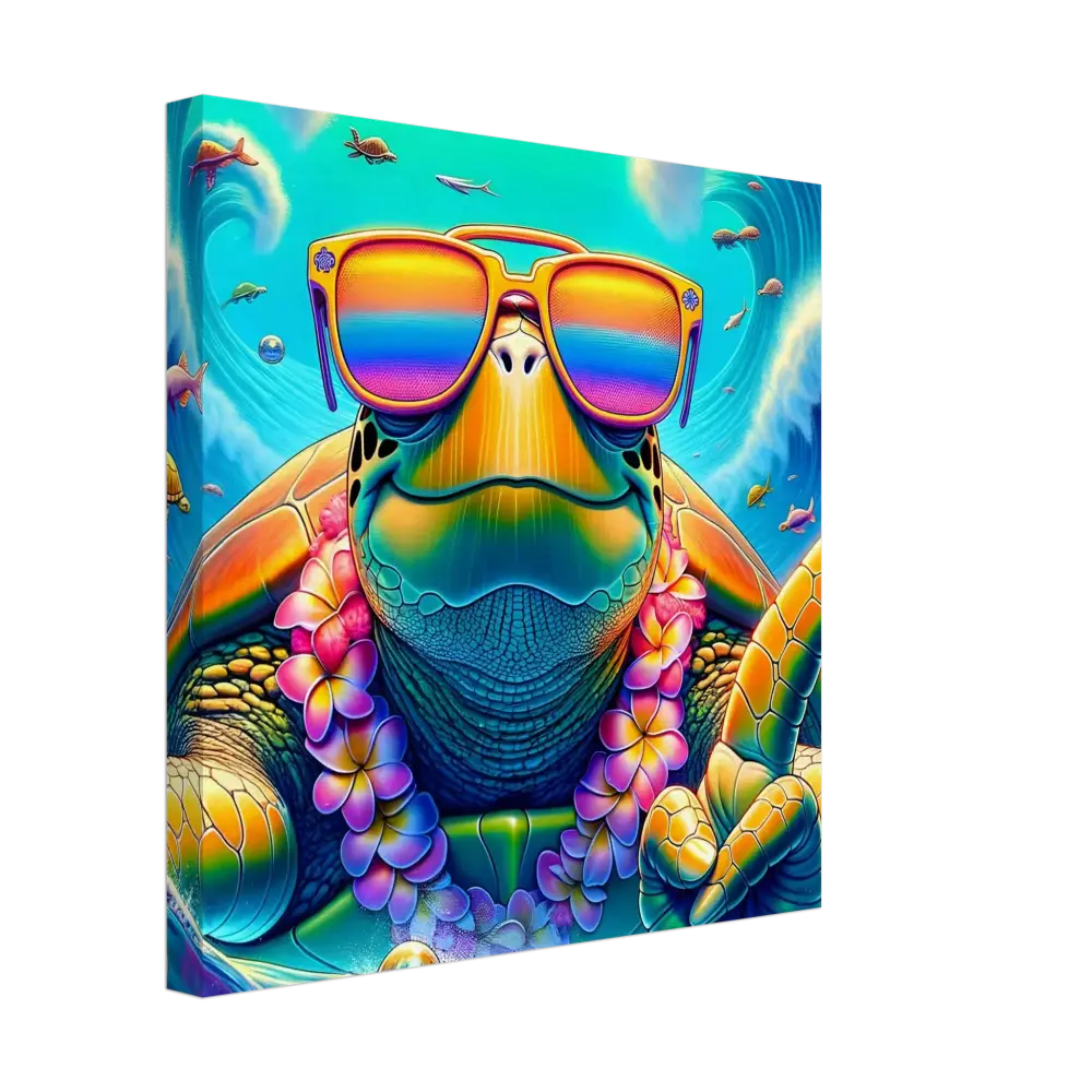 Colorful turtle wearing sunglasses and a lei on PixiOnyx Vibe Art Panel Canvas
