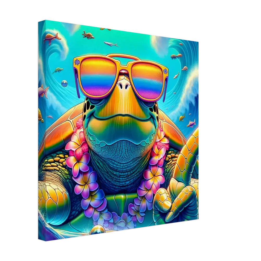 Rainbow-colored Turtle wearing sunglasses and lei on PixiOnyx Vibe Art Panel Canvas