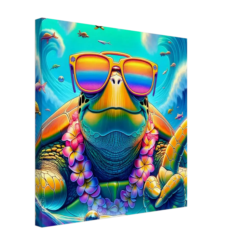 Rainbow turtle wearing sunglasses and a lei on PixiOnyx Vibe Art Panel