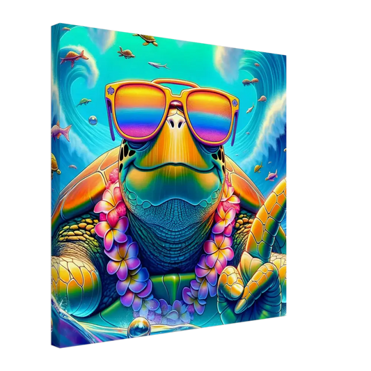 Colorful turtle wearing sunglasses and a lei on PixiOnyx Vibe Art Panel Canvas