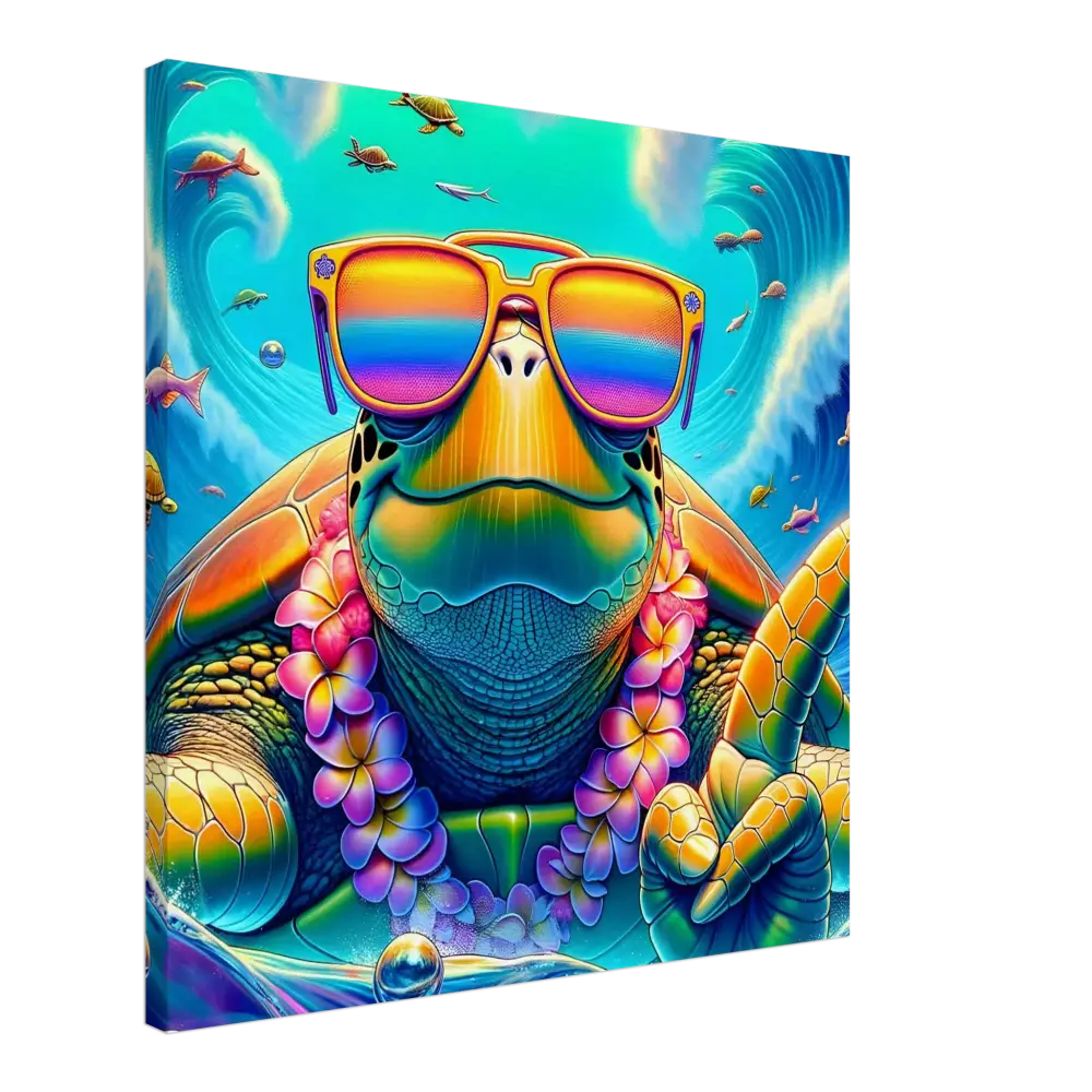 Colorful turtle wearing sunglasses and a lei on PixiOnyx Vibe Art Panel Canvas