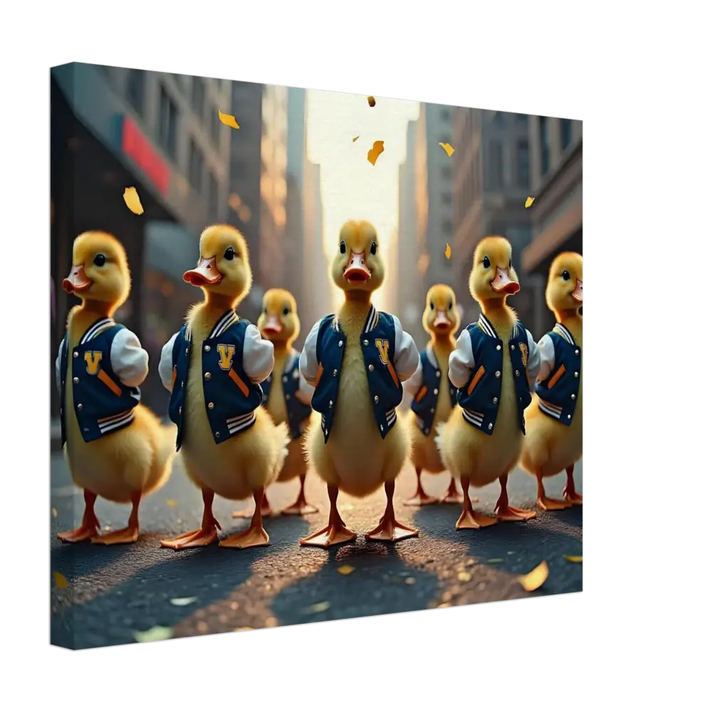 Canvas print of ducks in varsity jackets from PixiOnyx Urban Whimsy Wall Art