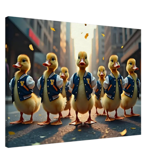 Group of ducks wearing varsity jackets for PixiOnyx Urban Whimsy Wall Art