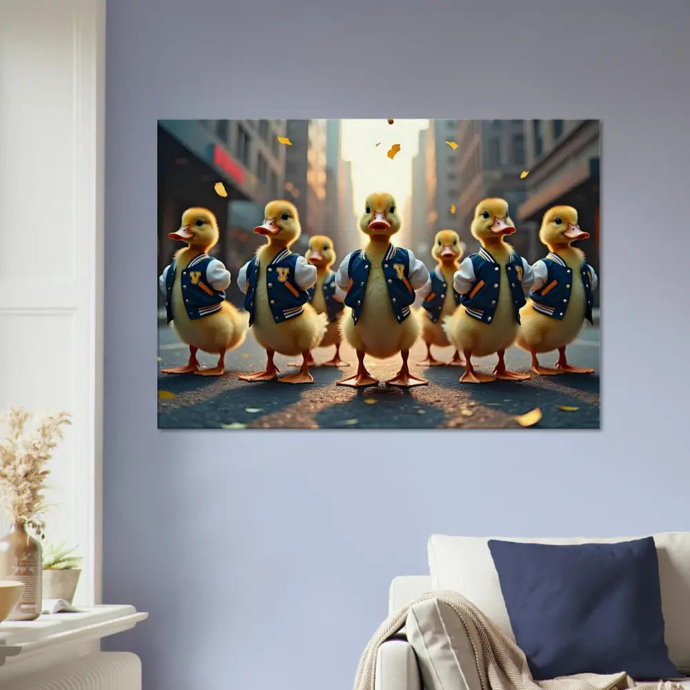 Framed duckling gang print on Canvas Varsity Duck Squad Urban Whimsy Wall Art