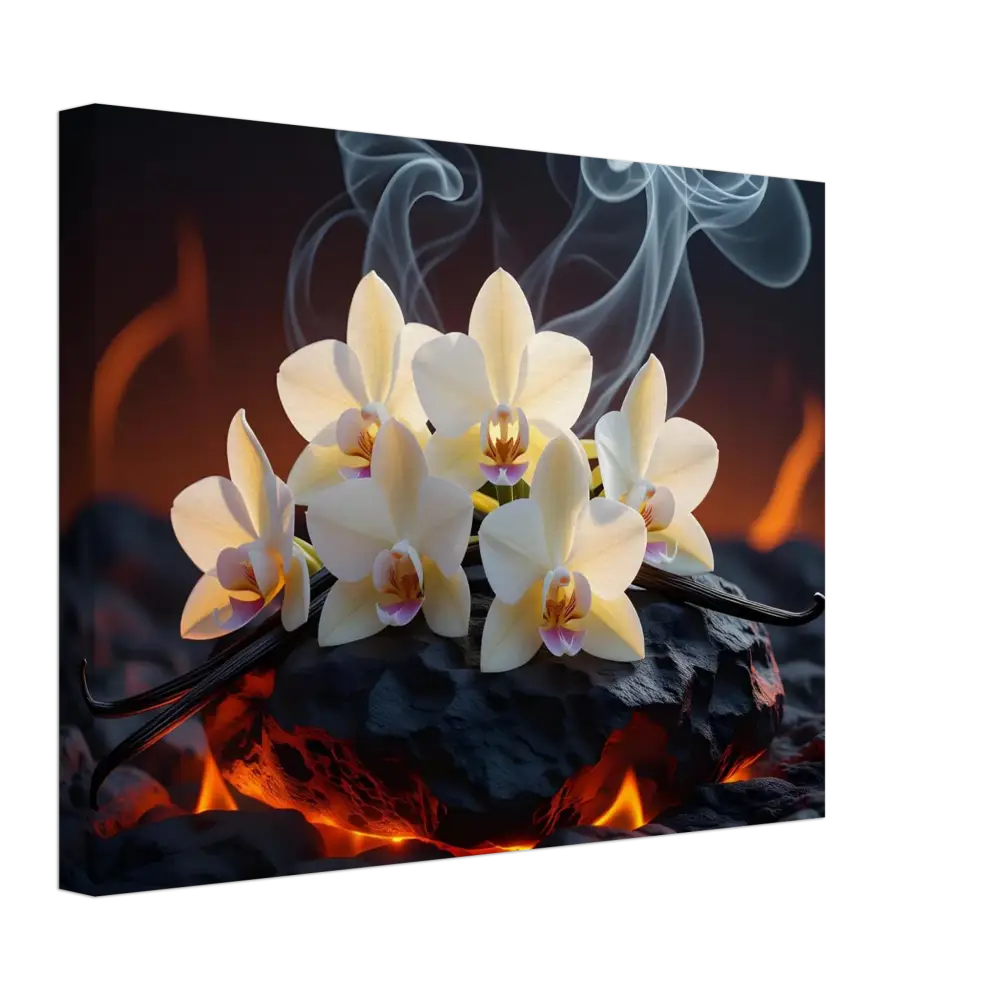 Orchids and vanilla beans on volcanic rock with smoke for PixiOnyx Botanical Blaze Canvas