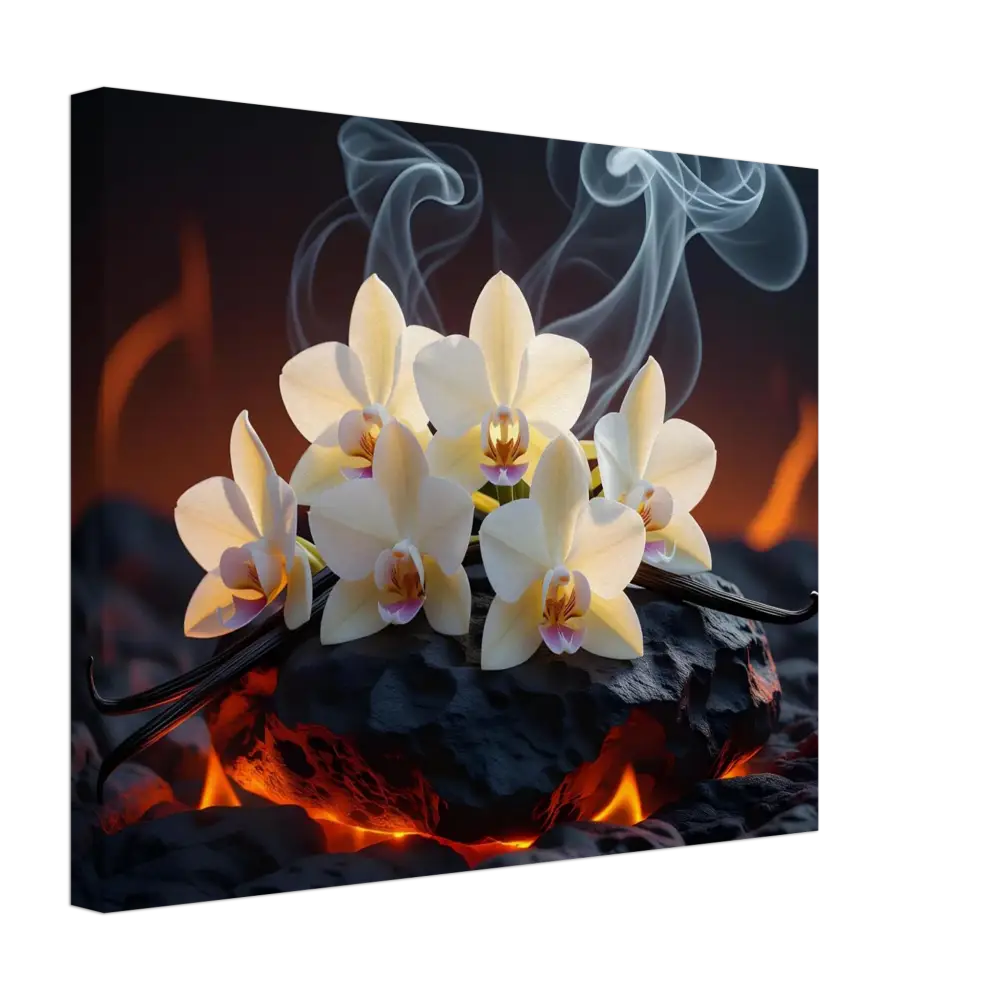 Orchids on volcanic rock with smoke for Canvas Volcanic Vanilla PixiOnyx Botanical Blaze