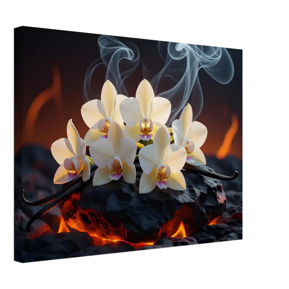 Orchids vanilla beans and smoke over lava rock for Canvas Volcanic Vanilla PixiOnyx Botanical Blaze