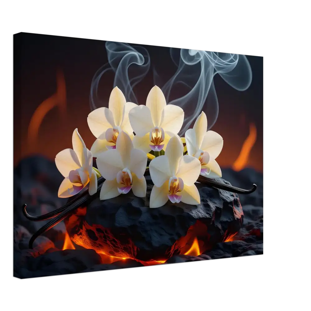 Orchids and vanilla beans on volcanic rock with smoke for Canvas Volcanic Vanilla PixiOnyx