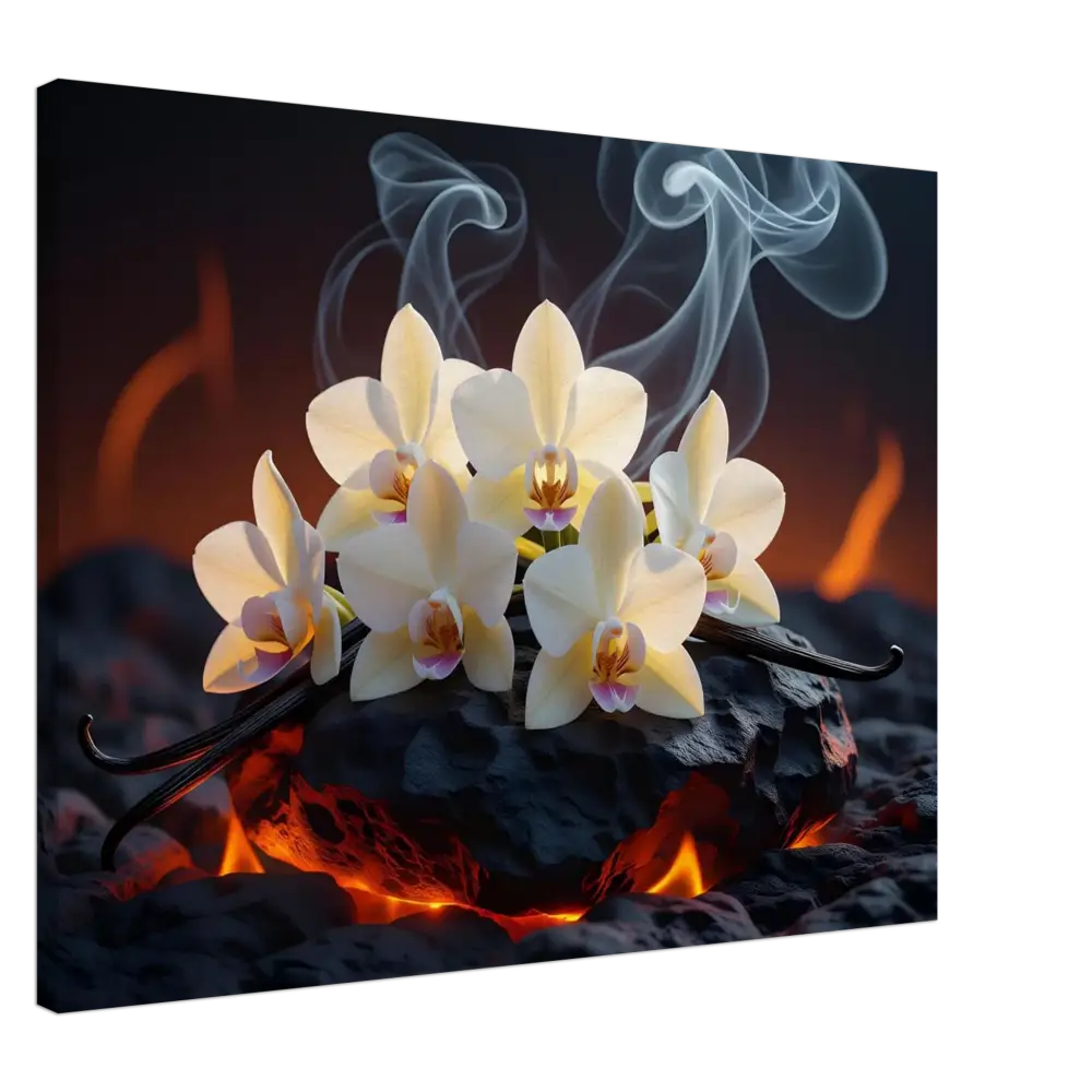 Orchids and vanilla beans displayed on Canvas – Volcanic Vanilla PixiOnyx Botanical Blaze