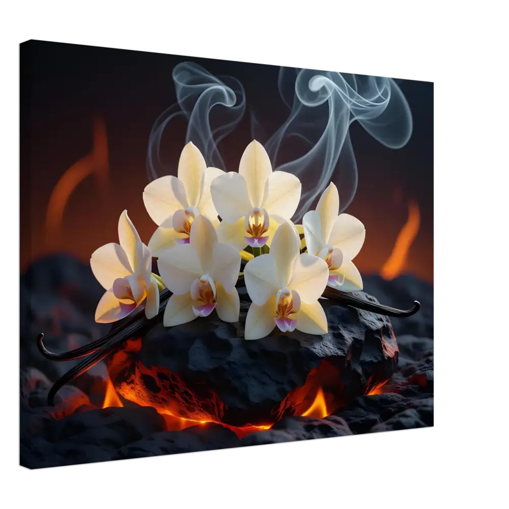 Orchids and vanilla beans on volcanic rock with smoke for Canvas Volcanic Vanilla by PixiOnyx