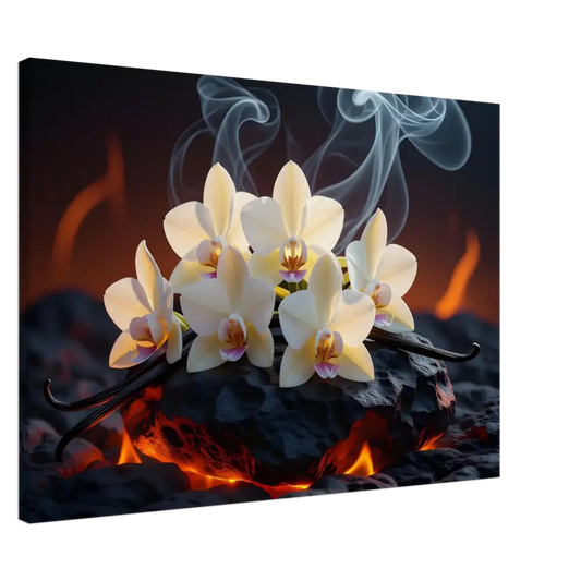 Orchids and vanilla beans on volcanic rock with smoke for Canvas Volcanic Vanilla PixiOnyx