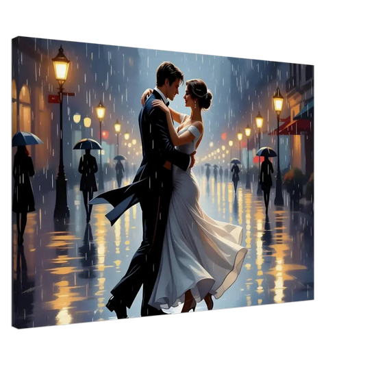 Romantic couple dancing in the rain on PixiOnyx Dreamscape Canvas titled Canvas Waltz in the Rain