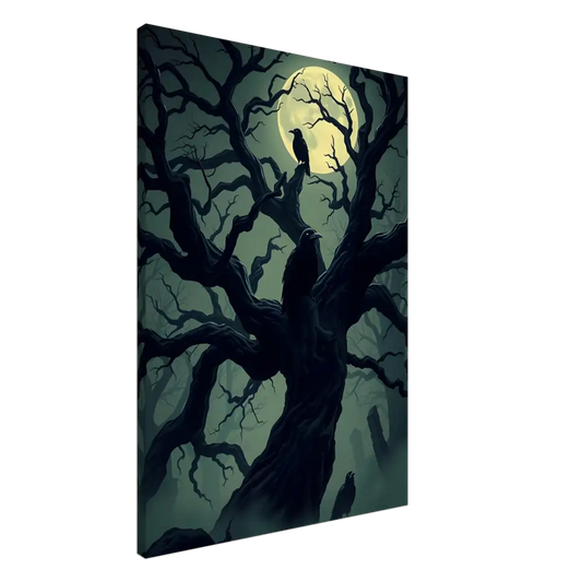 Eerie tree with ravens under a full moon on Canvas Watcher of the Crooked Moon PixiOnyx Spectral Silence Edition