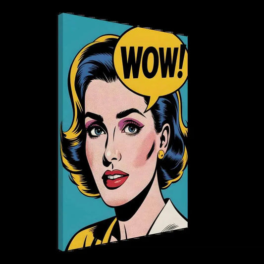 Pop art style canvas print of a woman saying WOW with true pop-art flair on textured artist-grade cotton-poly canvas