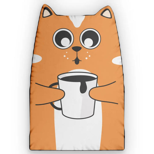 Absurdly adorable coffee-cat pillow holding a white mug by Honson Ventures Limited, PixiOnyx Cozy Decor