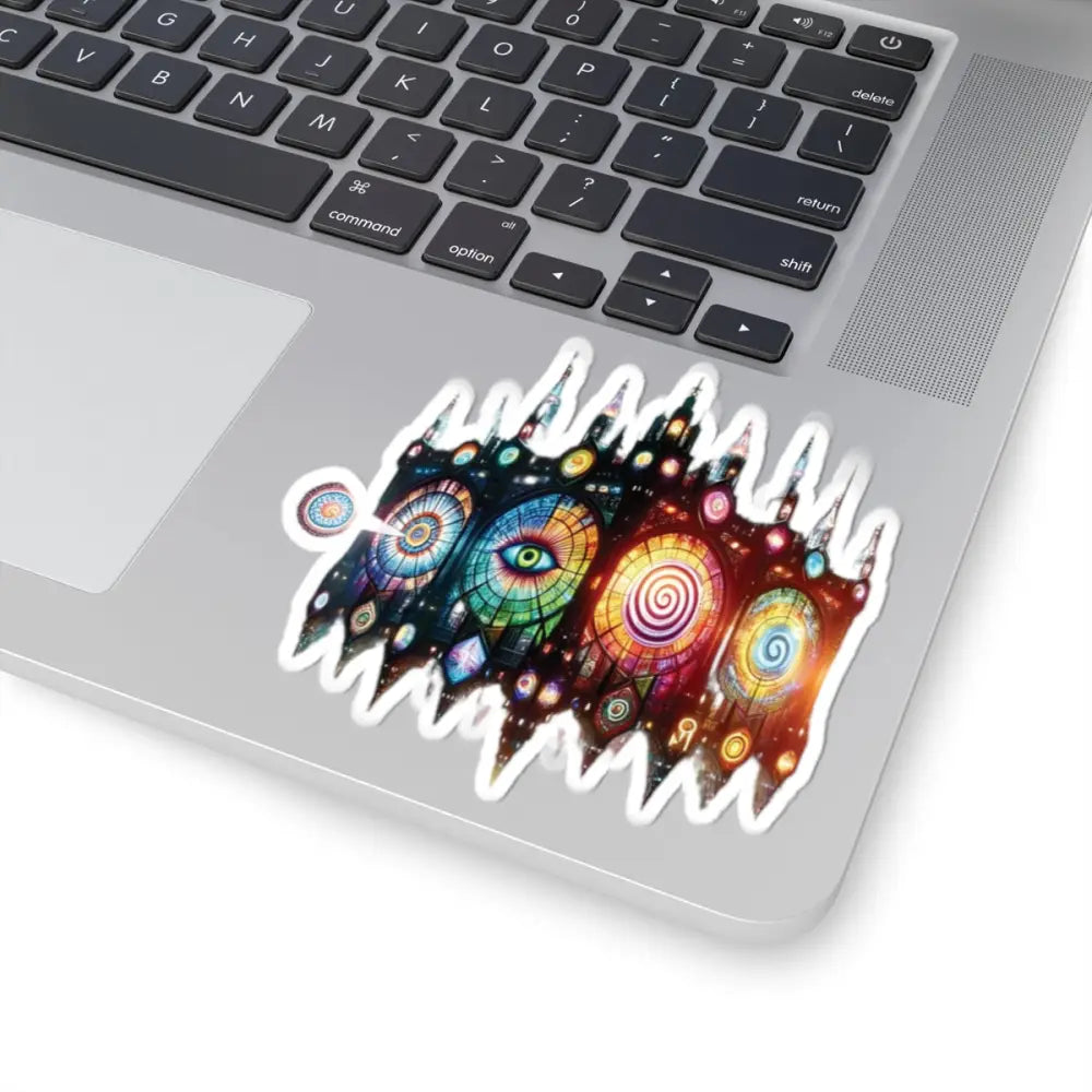 Colorful sticker with eye and spiral designs from Cathedral of Light Cosmic Vision decal