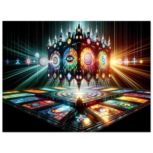 Ornate stained-glass cathedral with mystical symbols from the Cathedral of the Mind’s Eye Poster
