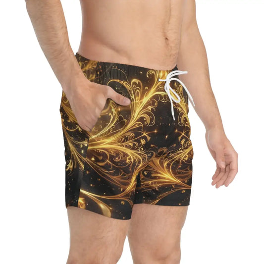 Men’s black and gold patterned swim trunks from PixiOnyx Luxe featuring ornate gold filigree design