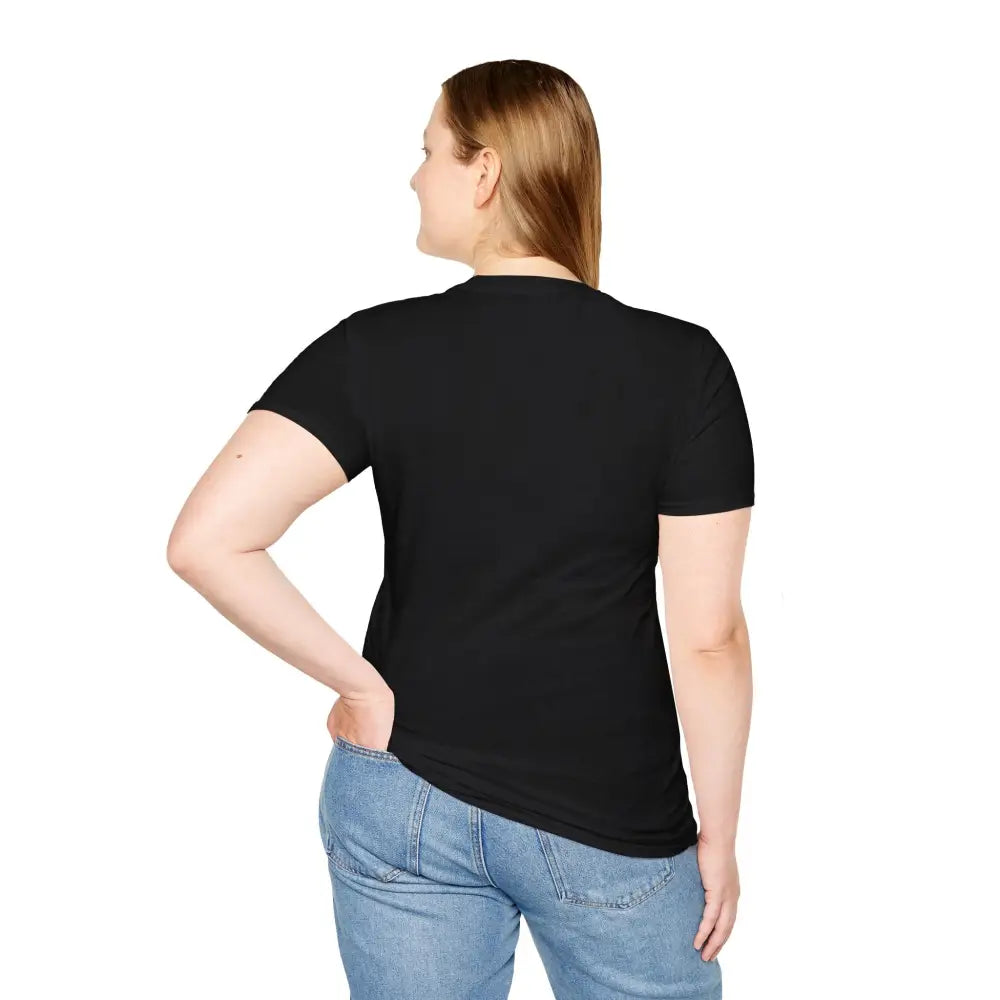 Black short-sleeve crewneck T-shirt in unisex softstyle fabric, low heat care instructions