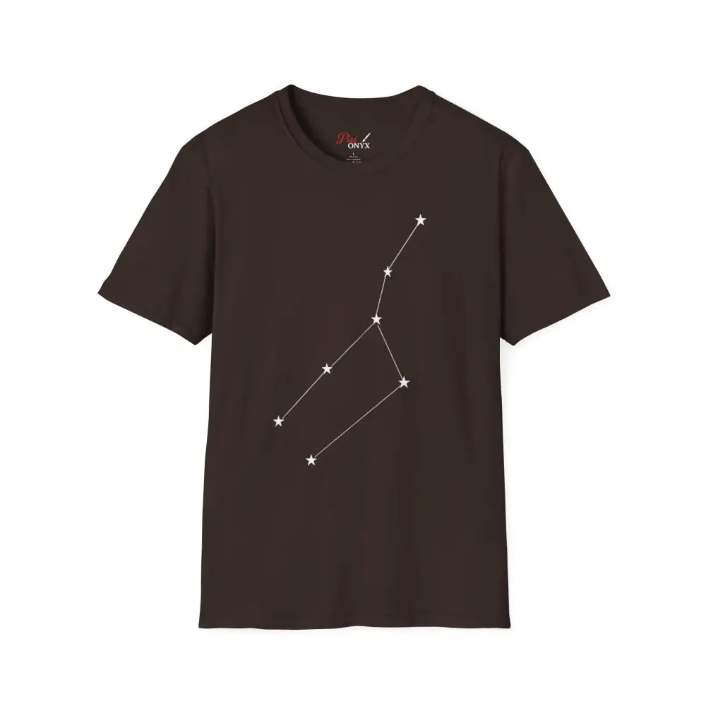 Dark brown unisex softstyle T-shirt with white constellation graphic and low heat care instructions