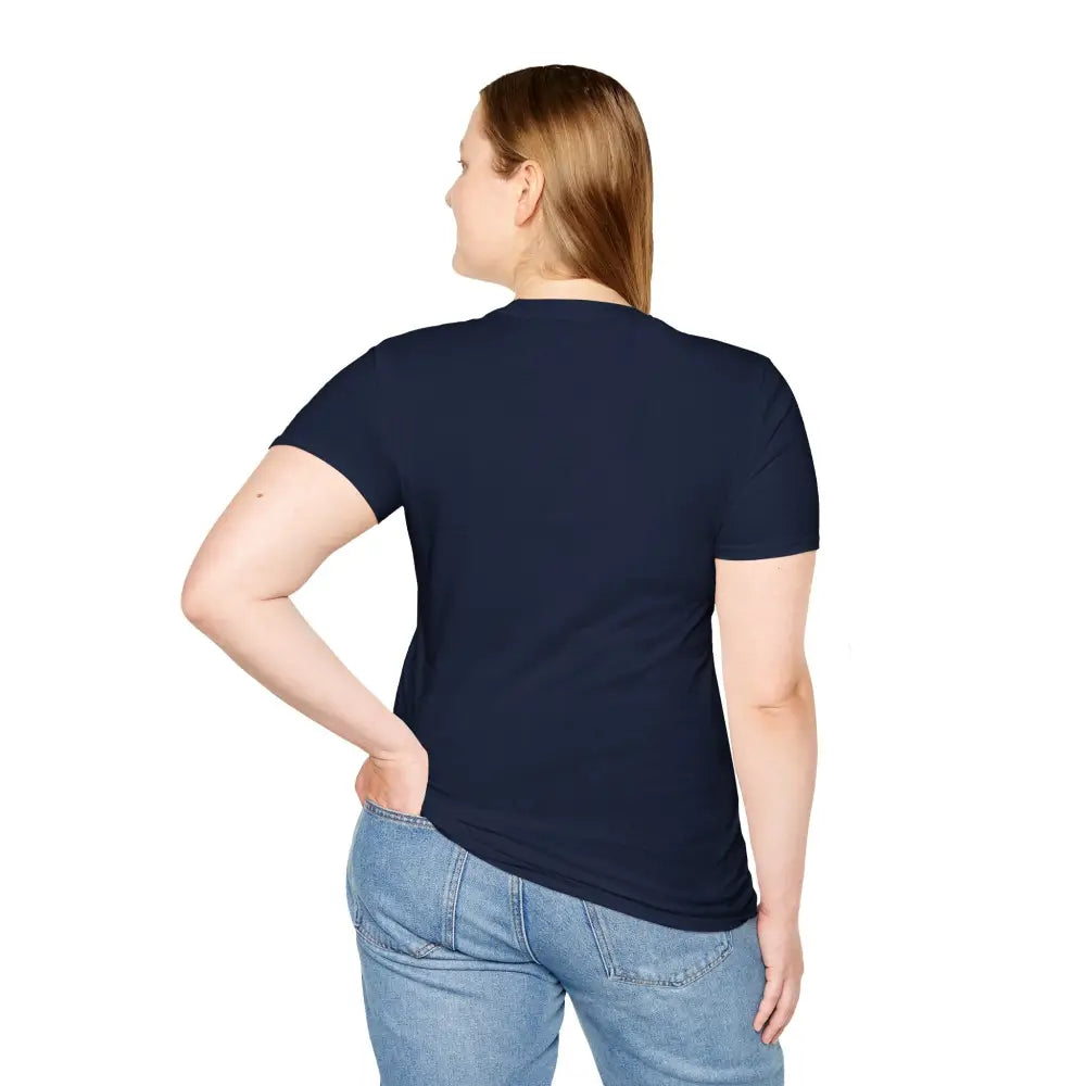 Unisex softstyle dark blue T-shirt with light blue jeans, low heat care instructions
