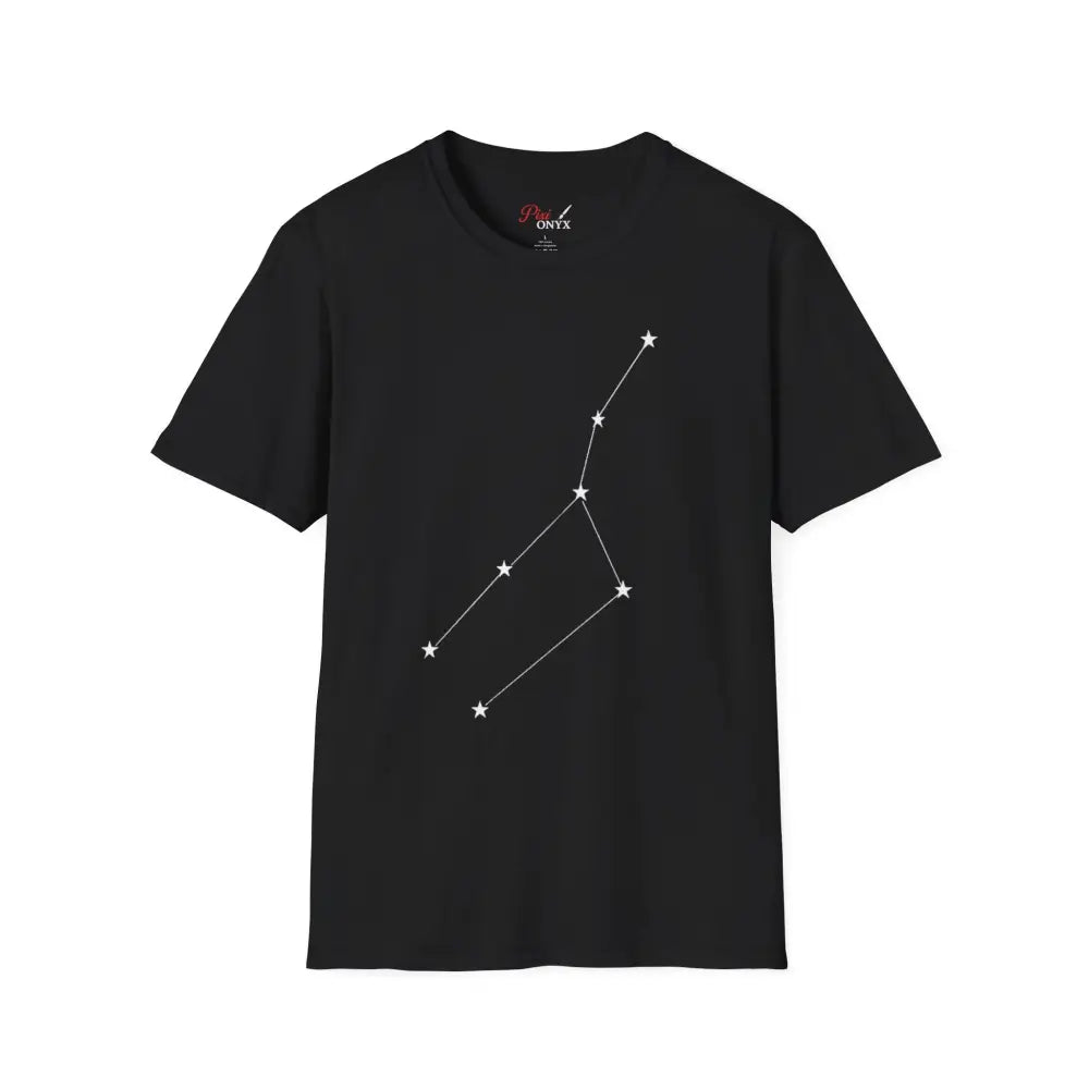 Black unisex softstyle T-shirt with white constellation graphic, ideal for astrology lovers